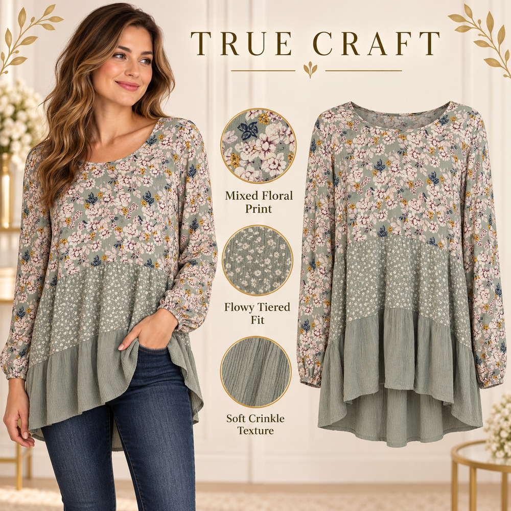 True Craft Women’s Medium Sage Floral Tiered High Low Boho Tunic Top